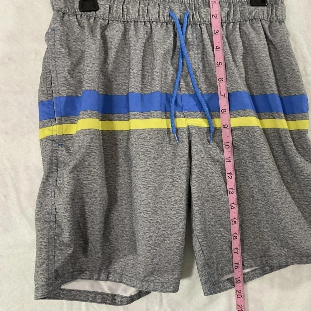 Dream Wave Swim Shorts Mens Medium Gray Striped Elastic Waist Mesh Lined Pockets